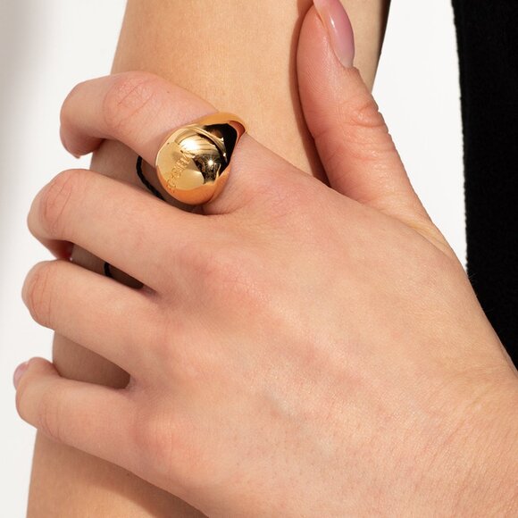 Versace Gold Color Metal Logo Engraved Statement Ring Sz 19